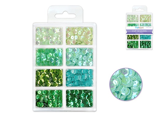Lentejuelas de 6 mm 25g en estuche de plástico 8 compartimientos Go Green - Craft Medley