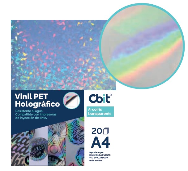 Vinil PET Tornasol Adhesivo Holográfico Imprimible Efecto Arcoíris transparente A4 x 20 hojas